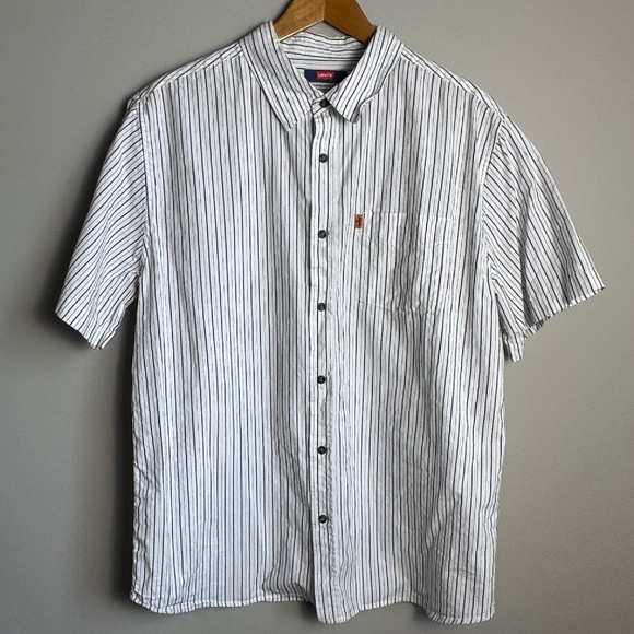 Levi's Vintage Orange Tab‎ Men's Striped Short Sleeve Cotton Shirt White/Gray Lg - Picture 1 of 14
